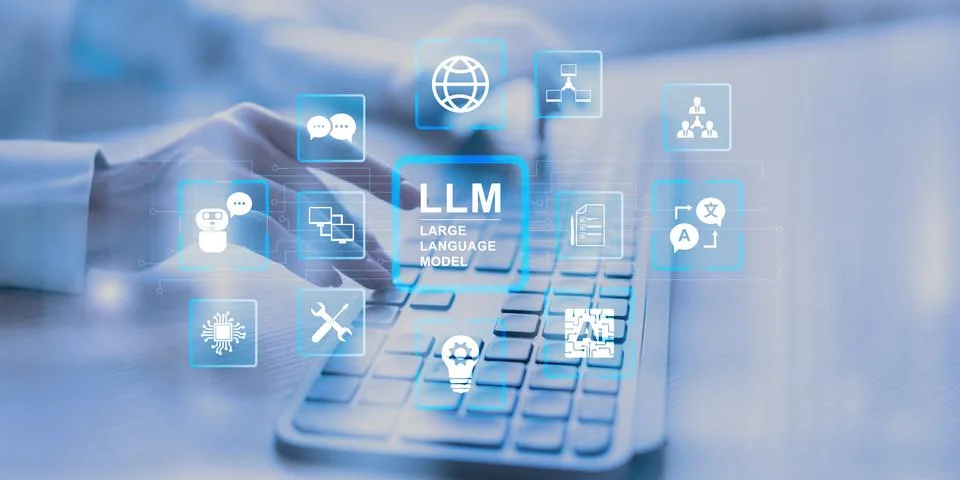 LLM Large Language Model Technology and Artificial Intelligence Applications  Foto stock