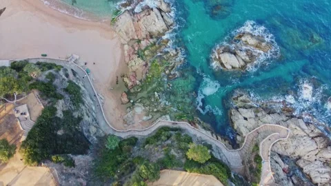 Lloret De Mar. Aerial View Sea Water Turquoise Waves, Beach. Costa Brava. Spain. Video stock 242454355
