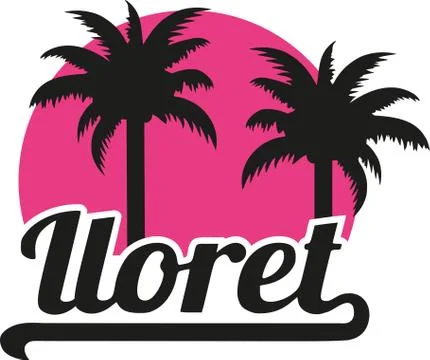 Lloret de Mar with pink sun and palms Stock Illustration
