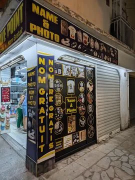 Lloret de Mar, Spain - September 09, 2024 Personalized name and shop display Stock Photos