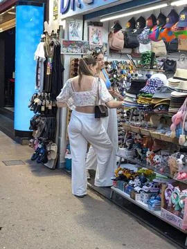 Lloret de Mar, Spain - September 09, 2024 Busy street market shopfront Stock Photos
