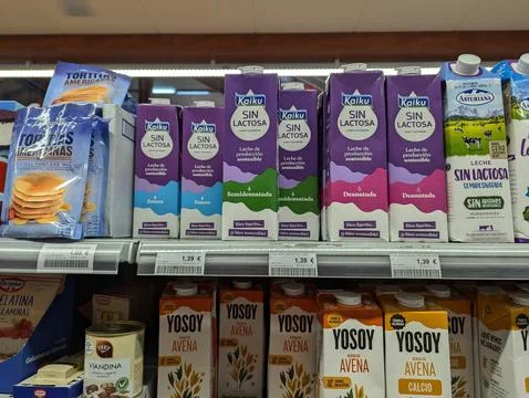 Lloret de Mar, Spain - September 09, 2024 Lactose-free plant milk cartons on Stock Photos