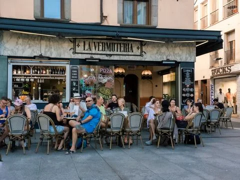 Lloret de Mar, Spain - September 09, 2024 Crowded outdoor cafe terrace with Stock Photos