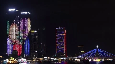 Llumination of the skyscraper wall in Da Nang Stock Footage 318402914