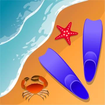 Llustrations at the beach theme. Summer vacation by the sea. Crab, starfish and Stock Illustration