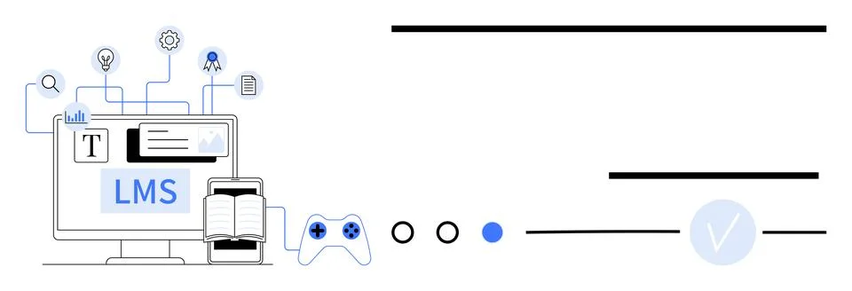 LMS interface on computer screen with connected gears, book, game controller, Stock Illustration