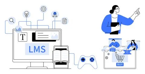 LMS system on computer with book and gaming controller, person presenting, on Stock Illustration