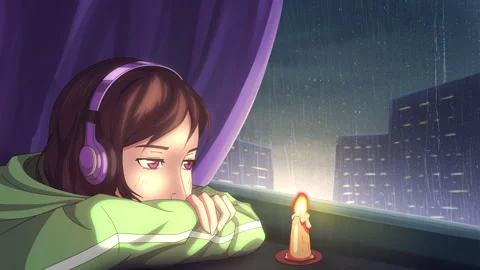 Lo-fi Anime Girl Watching the Rain Fall Stock Video Pond5