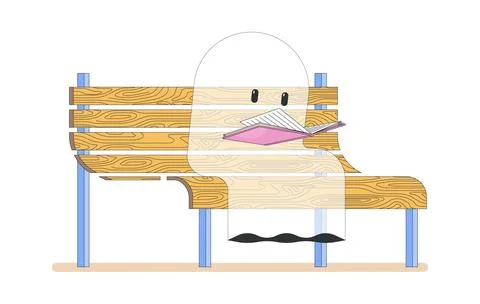 Lo-fi cute ghost reading book on wooden park bench 2D cartoon character Ilustração Stock