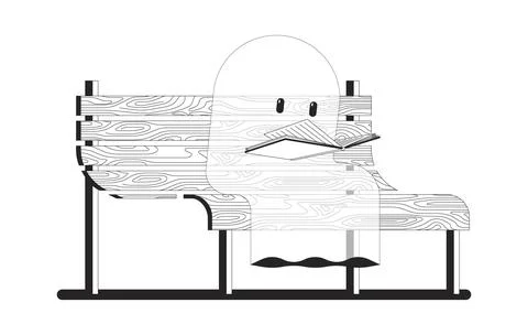 Lo-fi cute ghost reading book on wooden park bench 2D line character Stock Illustration