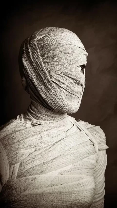 Lo-fi retro video loop of female mummy blinking and turning head in sepia Stock Footage 313742039