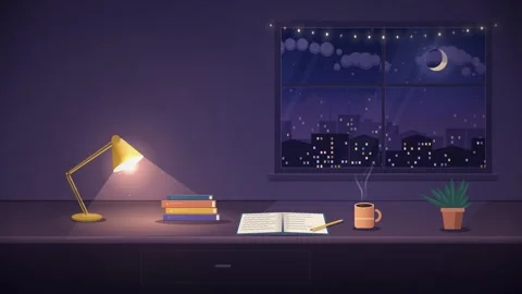 Lo-Fi Study Desk With Night City Window Seamless Loop Stock Footage 346728446