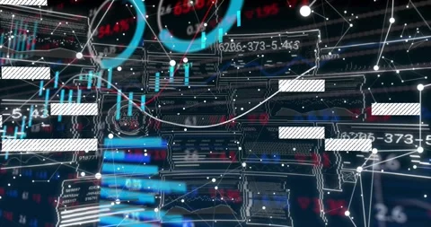On load 3D dashboard revealing candles sliding hatched blocks shifting node mesh Video stock 328577109