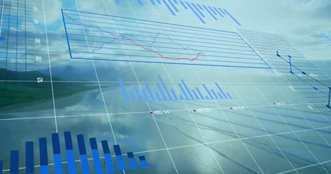 On load 3D dashboard revealing over coastal grid, animating lines, bars, pies Stock Footage 334185072