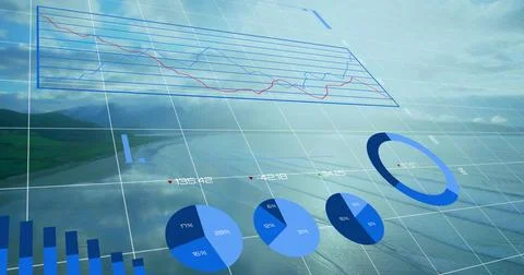 On load 3D dashboard revealing over coastal grid, animating lines, bars, pies 写真素材