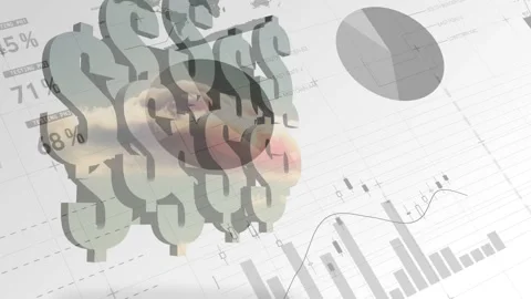 On load 3D dollar cluster multiplying shifting over piggy bank revealing charts Stock Footage 335235426