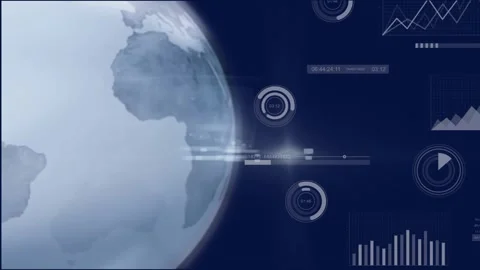 On load, 3D globe rotating while HUD gauges pulsing and charts updating Vídeo Stock 317229256