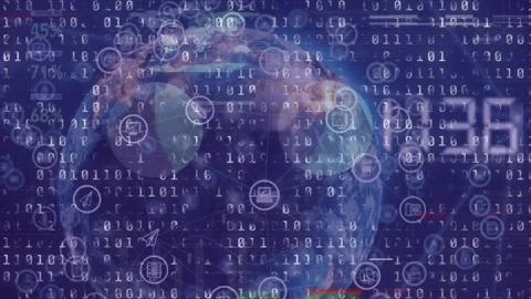 On load, 3D globe rotating while binary digits streaming and icons orbiting to Stock Footage 330508754