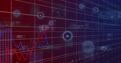 On load, 3D grid panning while HUD appearing and red-blue charts tracing peaks Stock Footage 328655760