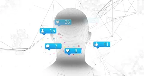 On load, 3D mesh head model rotating, blue badges floating, counts rising Stock Footage 320214510