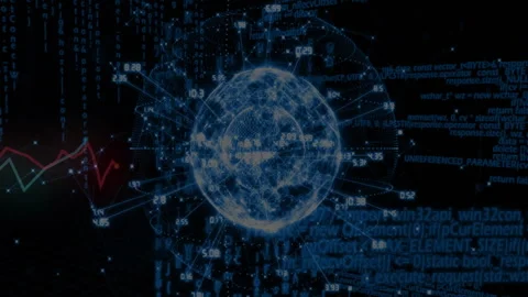 On load 3D-render globe rotating while radial data pointers pulsing to visualize Stock Footage 310660454