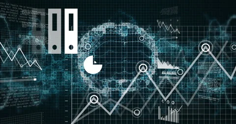 On load animating brain wireframe on grid, cloud laptop icon shifting, graphs 動画素材 315790092