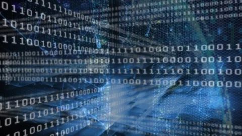 On load binary code scrolling left layering beams and nodes zooming into tunnel 库存影片 319682275