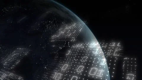 On load binary panels sliding rotating Earth nightside showing data flow until Stock Footage 311085176