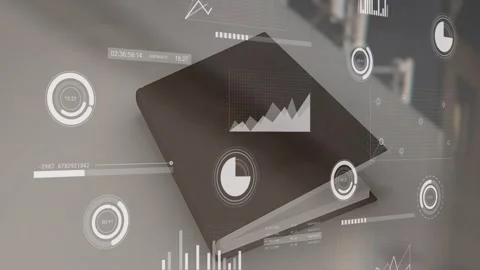 On load black notebook sitting as HUD elements animating dials rotating bars Stock Footage 328418242