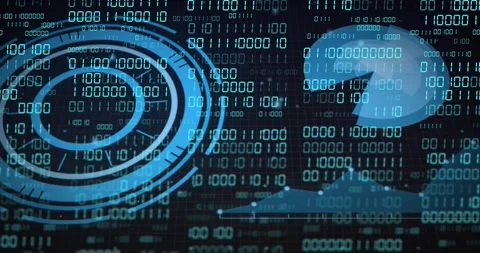 On load blue HUD rings rotating pulsing and pie shifting while binary digits Stock Footage 329114844
