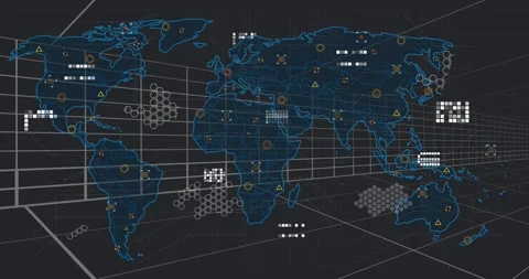 On load blue world map expanding across wireframe grid, adding nodes and linking Vídeo Stock 330002953