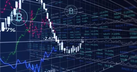 On load candles animating in 3D grid, BTC icons floating, camera panning, gains Stock Footage 329576568