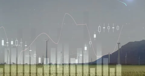 On load candlesticks, histograms and line graphs drawing over wind turbines Stock Footage 309688413