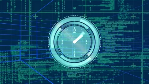 On load central clock animating HUD rings and hands rotating to show time and Stock Footage 326993771