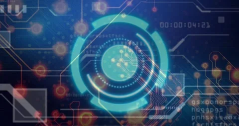 On load central cyan HUD rotating and pulsing while orange traces flowing inward Stock Footage 328469617