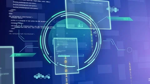 On load central HUD building rings drawing panels sliding binary stream chart Stock Footage 335761857