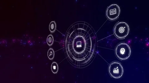 On load central HUD rotating ring arcs sweeping clockwise connectors pulsing to Stock Footage 329576062