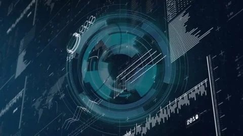 On load central HUD spinning clockwise, sheen sweeping, rings shifting, charts Stock Footage 329751039