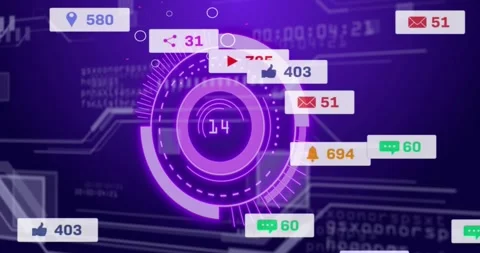 On load central purple HUD pulsing, rings rotating, badges orbiting and Stock Footage 321100327