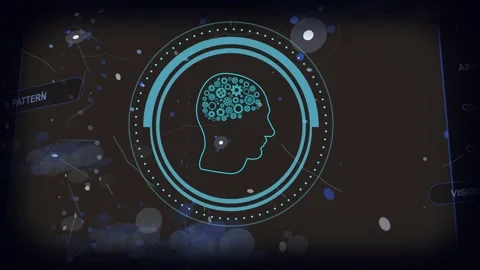 On load central teal HUD revealing gear-brain, rotating rings, scanning orb, Stock Footage 335211962