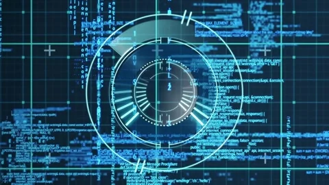 On load circular HUD reticle appearing rotating outer arc sweeping code blocks Stock Footage 321071038