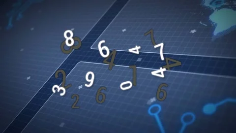 On load cluster of 3D numerals appearing, tumbling, glowing and dispersing to Stock Footage 329931290