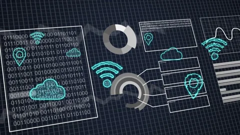 On load cluster animating: binary, WiFi expanding, rings pulsing, linking panels Stock Footage 334728684