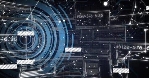 On load concentric blue rings rotating, white nodes pulsing and code bars Stock Footage 310863980