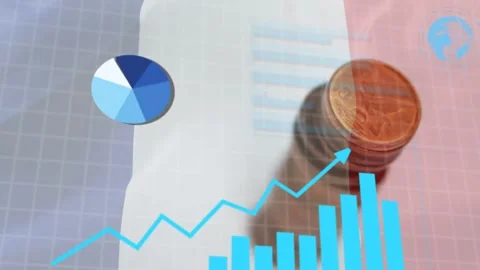 On load copper coin stack sitting right, bars rising and pie rotating to show Stock Footage 334788912