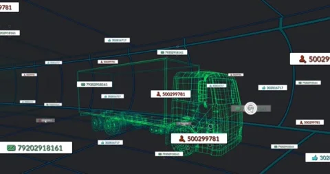 On load, cursor moving triggers tags rising around 3D wireframe truck for Stock Footage 330407958