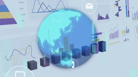 On load cyan-blue globe rotating while 3D bars rising and icons orbiting to show Stock Footage 334810939