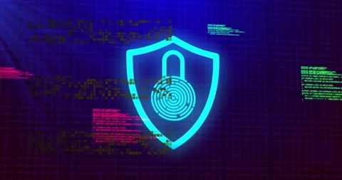 On load cyan shield glowing fingerprint scanning while pink or green code Stock Footage 329701862