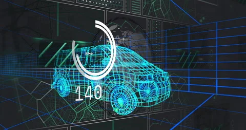 On load cyan wireframe van showing globe, performance gauge rising, falling Video stock 314141250