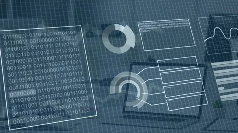 On load dashboard overlay animating, binary pulsing, radial chart linking Stock Footage 335739663